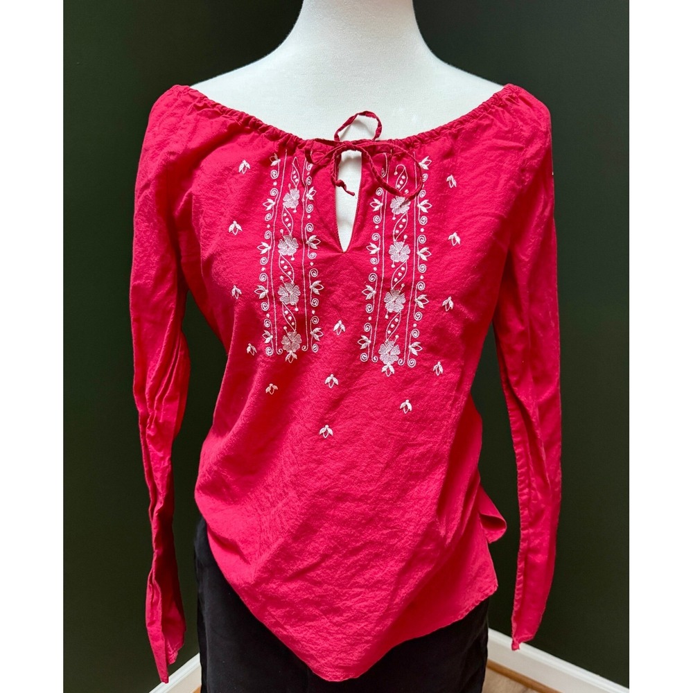 Vintage Faded Glory Embroidered Tie Front Detail Red Boho‎ Peasant Top Women's L
